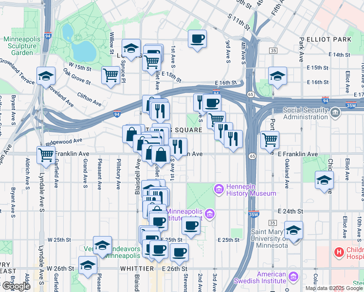 map of restaurants, bars, coffee shops, grocery stores, and more near 111 East Franklin Avenue in Minneapolis
