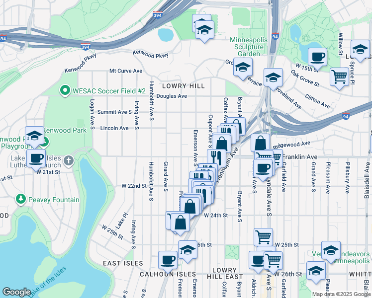 map of restaurants, bars, coffee shops, grocery stores, and more near 2001 Fremont Avenue South in Minneapolis
