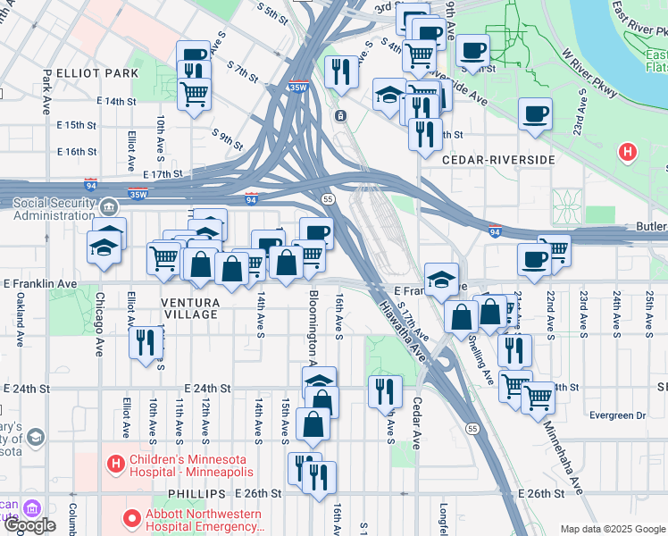 map of restaurants, bars, coffee shops, grocery stores, and more near 1525 East Franklin Avenue in Minneapolis