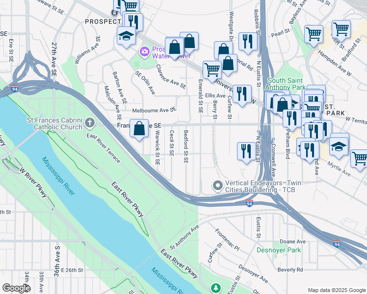 map of restaurants, bars, coffee shops, grocery stores, and more near 205 Bedford Street Southeast in Minneapolis