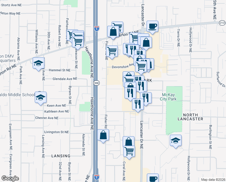 map of restaurants, bars, coffee shops, grocery stores, and more near 2800 Fisher Road Northeast in Salem