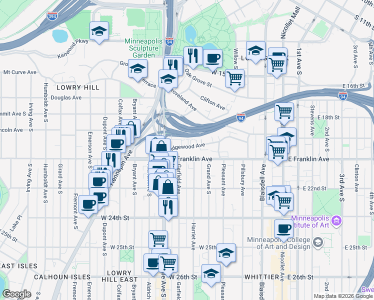 map of restaurants, bars, coffee shops, grocery stores, and more near 2005 Garfield Avenue in Minneapolis