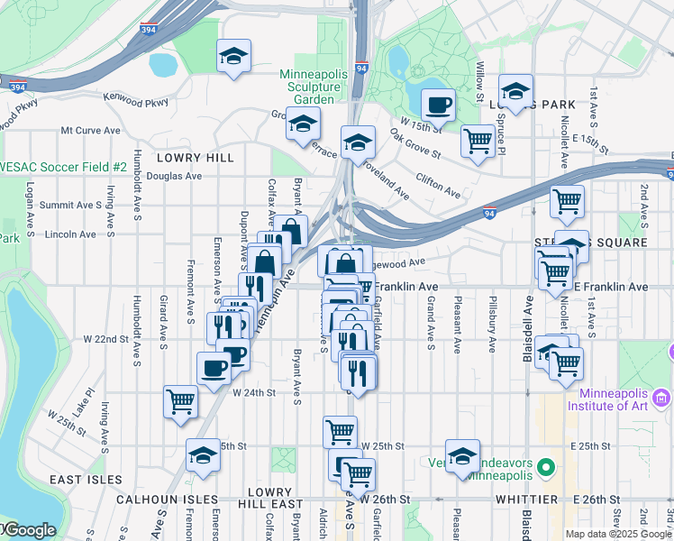 map of restaurants, bars, coffee shops, grocery stores, and more near in Minneapolis