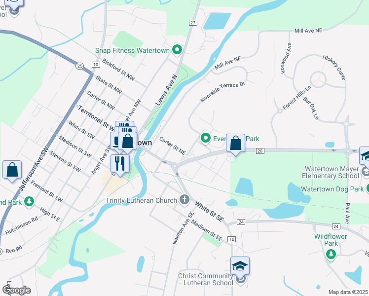 map of restaurants, bars, coffee shops, grocery stores, and more near 309 Carter Street Northeast in Watertown