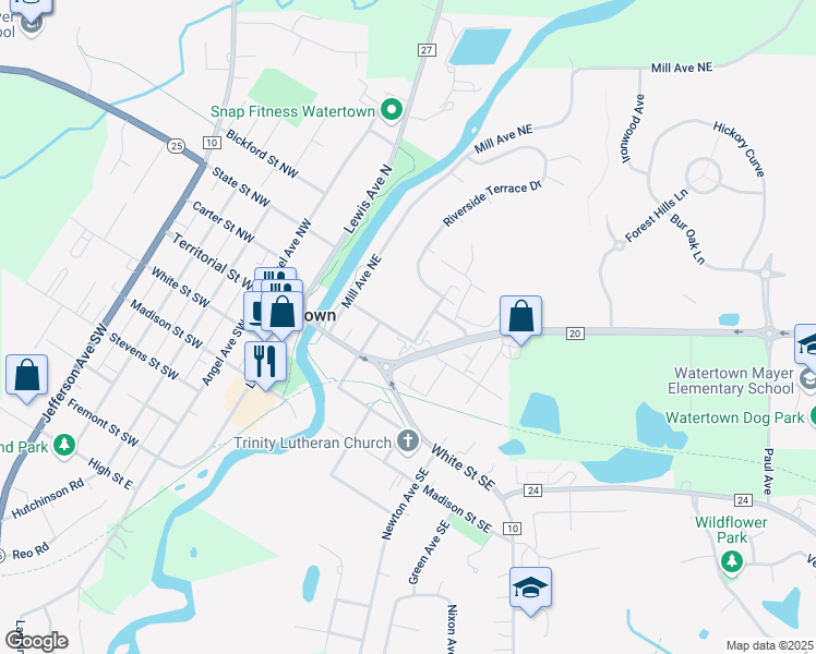 map of restaurants, bars, coffee shops, grocery stores, and more near 309 Carter Street Northeast in Watertown