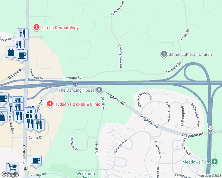 map of restaurants, bars, coffee shops, grocery stores, and more near 461 Frontage Road in Hudson
