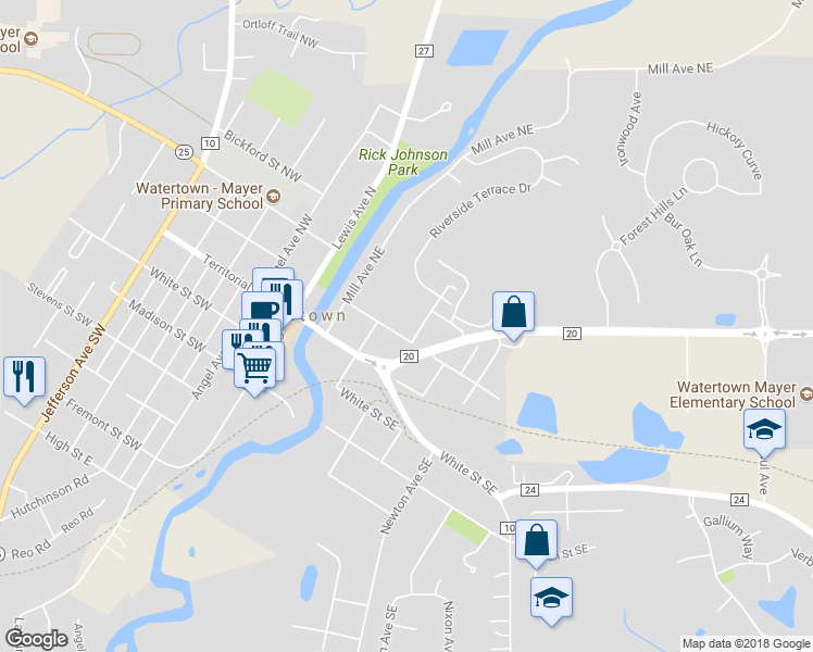 map of restaurants, bars, coffee shops, grocery stores, and more near 309 Carter Street Northeast in Watertown