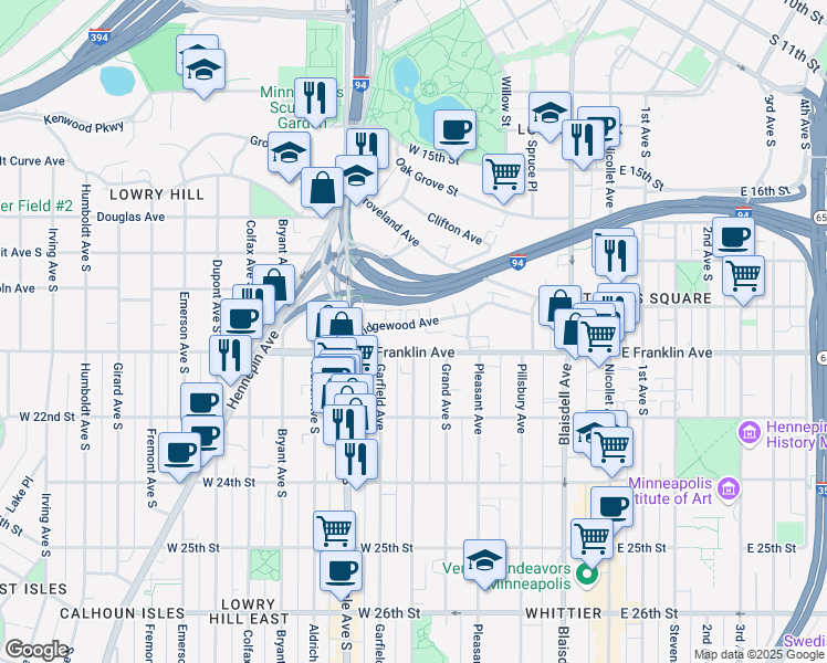 map of restaurants, bars, coffee shops, grocery stores, and more near 432 Ridgewood Avenue in Minneapolis