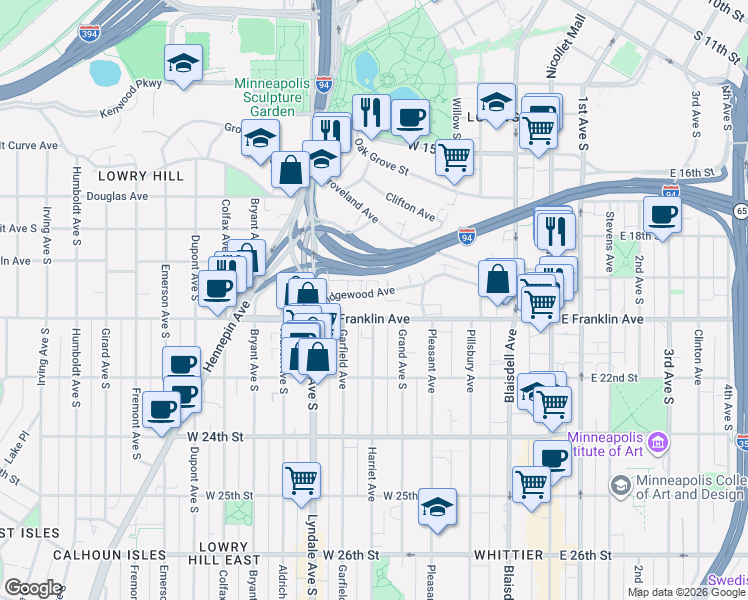 map of restaurants, bars, coffee shops, grocery stores, and more near 441 Ridgewood Avenue in Minneapolis