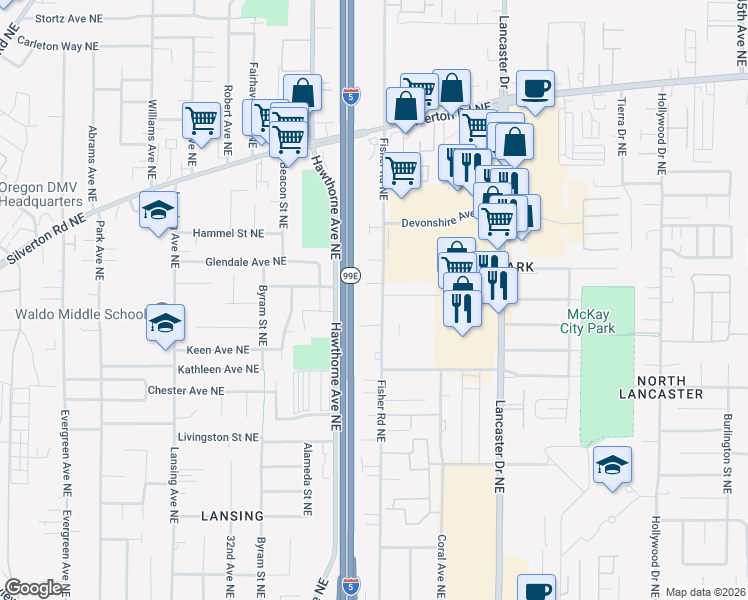 map of restaurants, bars, coffee shops, grocery stores, and more near 3535 Fisher Court Northeast in Salem