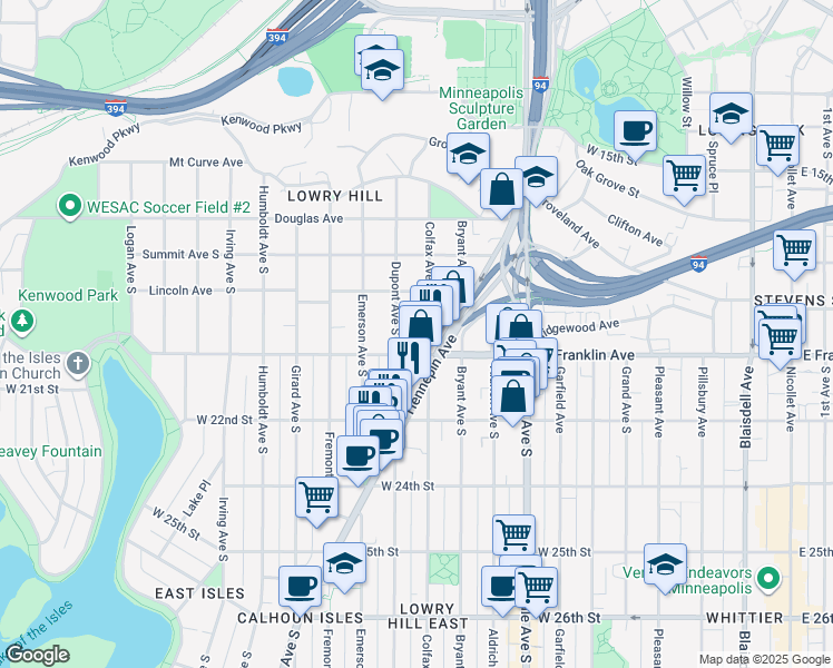 map of restaurants, bars, coffee shops, grocery stores, and more near 1000 West Franklin Avenue in Minneapolis