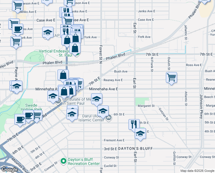 map of restaurants, bars, coffee shops, grocery stores, and more near 963 Minnehaha Avenue East in Saint Paul