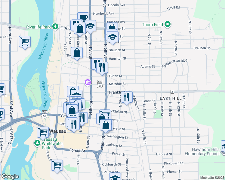 map of restaurants, bars, coffee shops, grocery stores, and more near 620 Mcindoe Street in Wausau