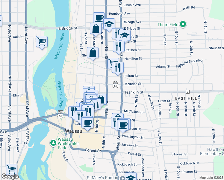 map of restaurants, bars, coffee shops, grocery stores, and more near 502 Mcindoe Street in Wausau