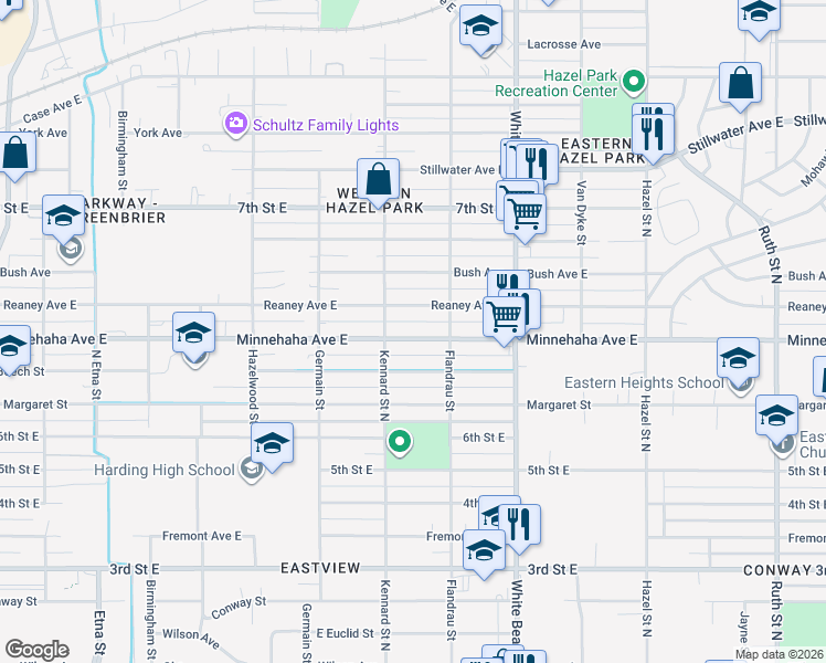 map of restaurants, bars, coffee shops, grocery stores, and more near 1664 Reaney Avenue East in Saint Paul