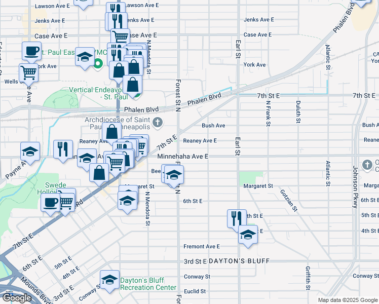 map of restaurants, bars, coffee shops, grocery stores, and more near 962 Reaney Avenue East in Saint Paul