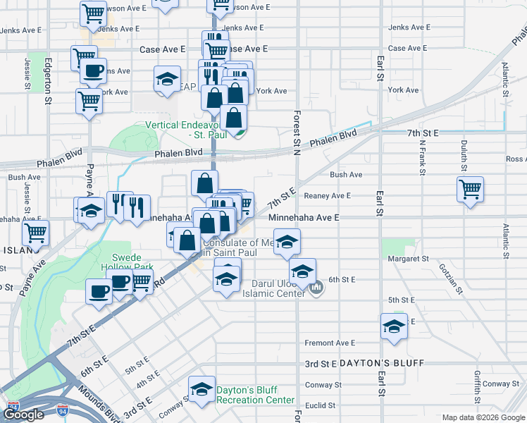 map of restaurants, bars, coffee shops, grocery stores, and more near 895 East 7th Street in Saint Paul