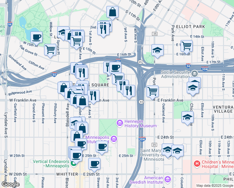 map of restaurants, bars, coffee shops, grocery stores, and more near in Minneapolis