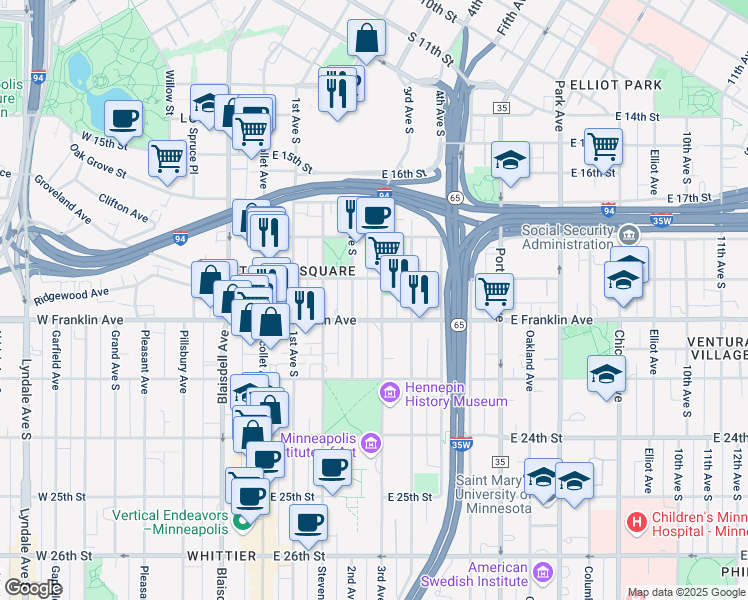 map of restaurants, bars, coffee shops, grocery stores, and more near in Minneapolis