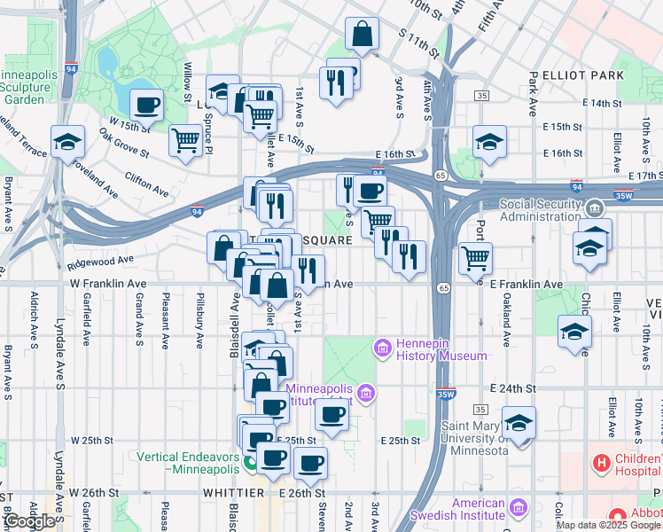 map of restaurants, bars, coffee shops, grocery stores, and more near 143 East 19th Street in Minneapolis