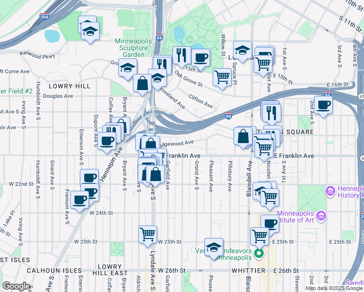 map of restaurants, bars, coffee shops, grocery stores, and more near 432 Ridgewood Avenue in Minneapolis