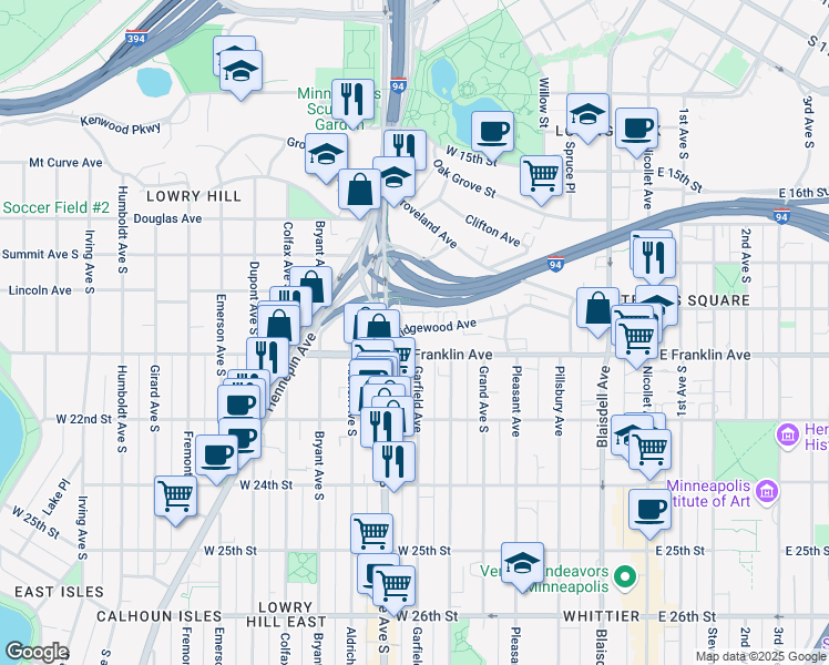 map of restaurants, bars, coffee shops, grocery stores, and more near 522 Ridgewood Avenue in Minneapolis