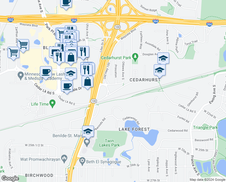 map of restaurants, bars, coffee shops, grocery stores, and more near 4910 Old Cedar Lake Road in Minneapolis