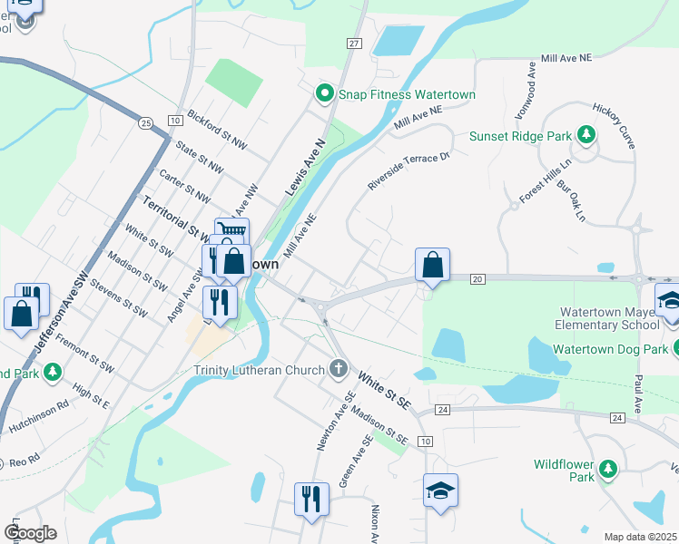 map of restaurants, bars, coffee shops, grocery stores, and more near 309 Carter Street Northeast in Watertown