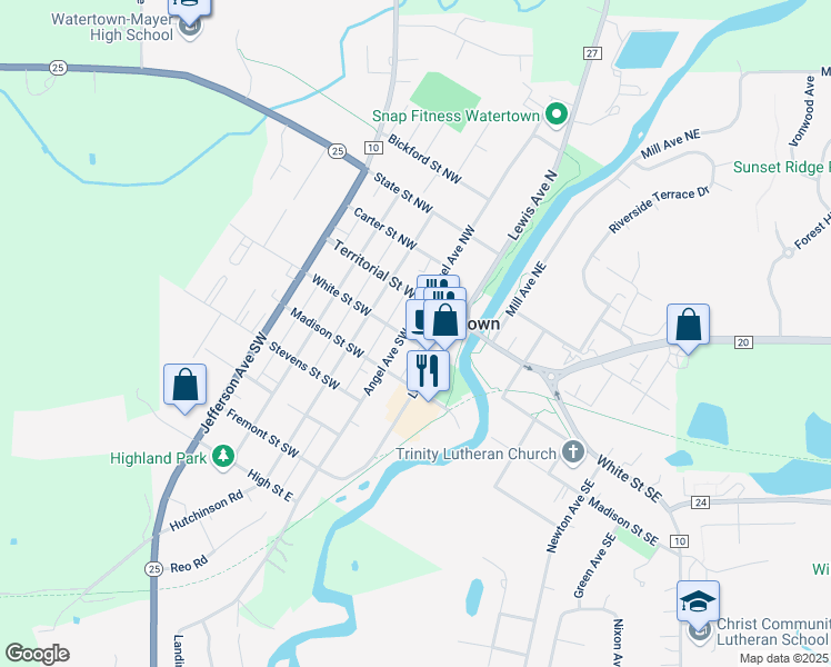 map of restaurants, bars, coffee shops, grocery stores, and more near 101 Angel Avenue Southwest in Watertown