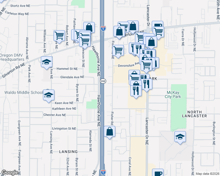 map of restaurants, bars, coffee shops, grocery stores, and more near 2895 Fisher Road Northeast in Salem