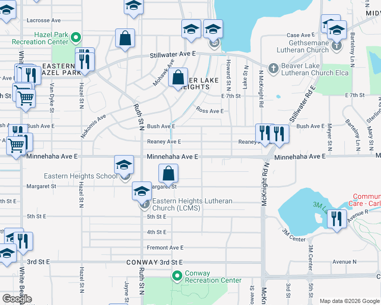 map of restaurants, bars, coffee shops, grocery stores, and more near 2142 Reaney Avenue East in Saint Paul