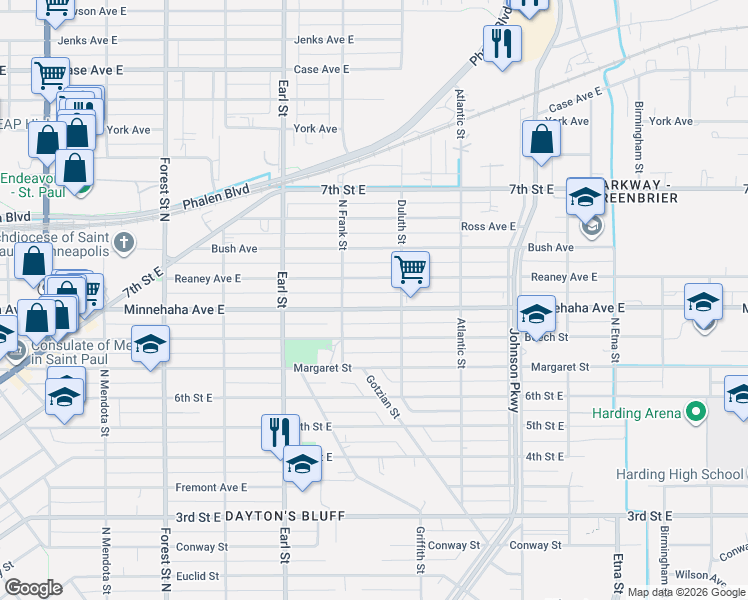 map of restaurants, bars, coffee shops, grocery stores, and more near 1133 Reaney Avenue East in Saint Paul