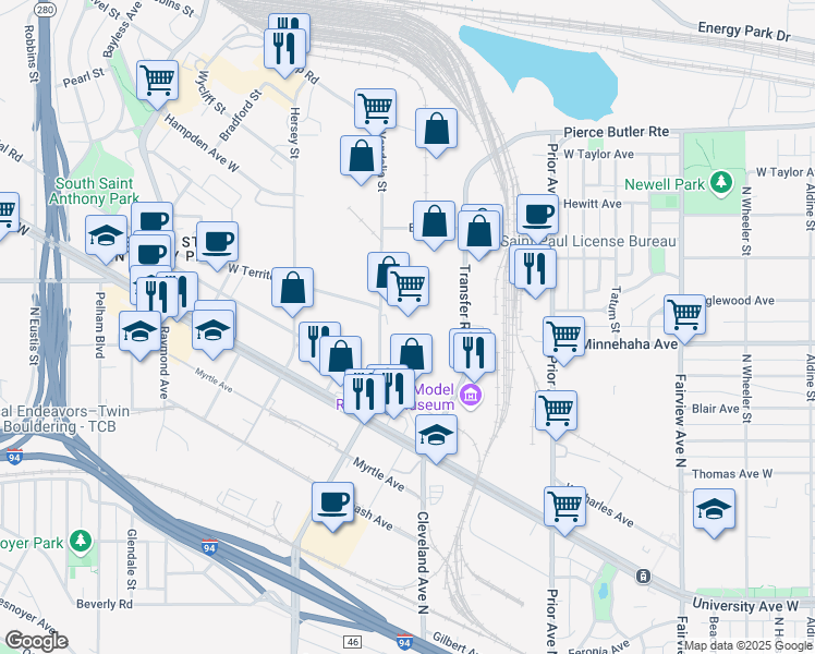 map of restaurants, bars, coffee shops, grocery stores, and more near 801 Transfer Rd in St Paul