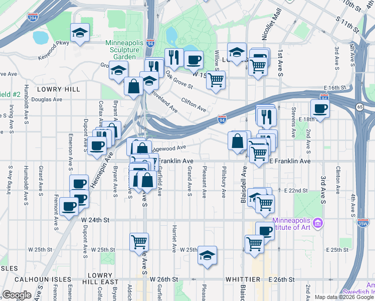 map of restaurants, bars, coffee shops, grocery stores, and more near 432 Ridgewood Avenue in Minneapolis