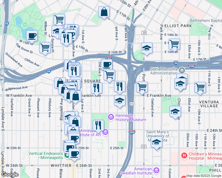 map of restaurants, bars, coffee shops, grocery stores, and more near 1915 3rd Avenue South in Minneapolis