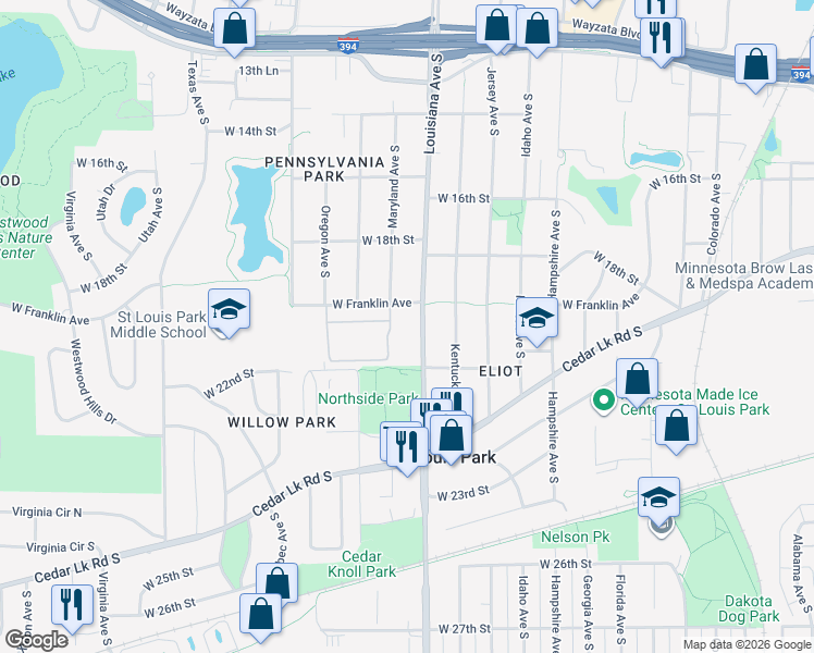 map of restaurants, bars, coffee shops, grocery stores, and more near 7229 West Franklin Avenue in Minneapolis