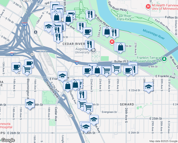 map of restaurants, bars, coffee shops, grocery stores, and more near 2121 South 9th Street in Minneapolis