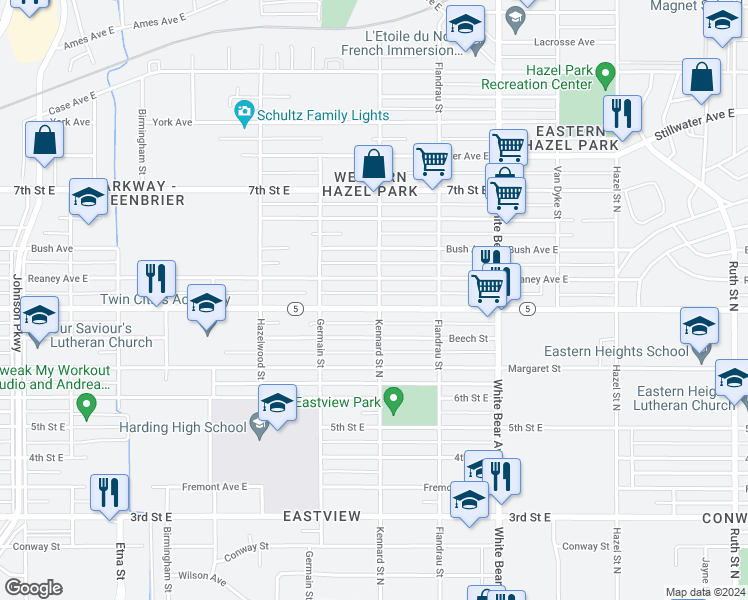 map of restaurants, bars, coffee shops, grocery stores, and more near 1655 Minnehaha Avenue East in Saint Paul