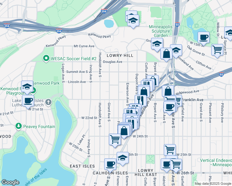 map of restaurants, bars, coffee shops, grocery stores, and more near 1909 Fremont Avenue South in Minneapolis