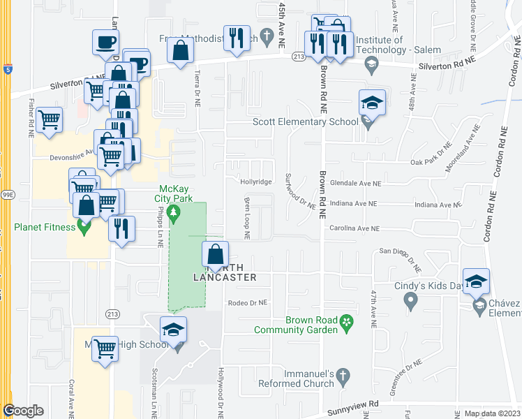 map of restaurants, bars, coffee shops, grocery stores, and more near 4392 Bren Loop Northeast in Salem