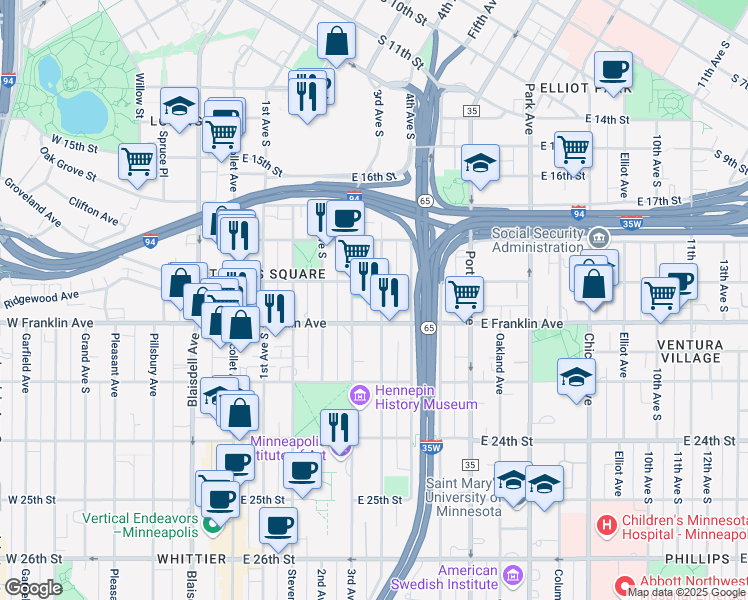 map of restaurants, bars, coffee shops, grocery stores, and more near 1828 Clinton Avenue in Minneapolis
