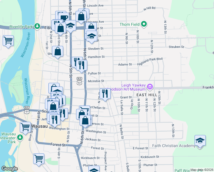 map of restaurants, bars, coffee shops, grocery stores, and more near 708 Mcindoe Street in Wausau