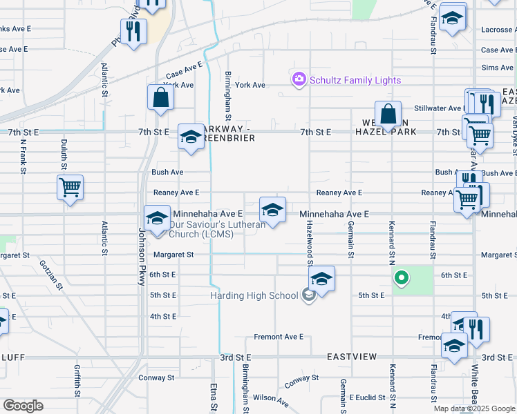 map of restaurants, bars, coffee shops, grocery stores, and more near 1448 Reaney Avenue East in Saint Paul