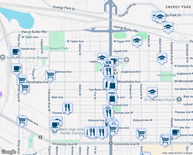map of restaurants, bars, coffee shops, grocery stores, and more near 1636 West Englewood Avenue in Saint Paul