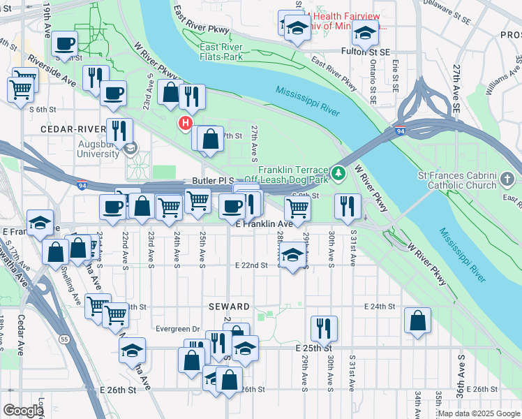 map of restaurants, bars, coffee shops, grocery stores, and more near in Minneapolis