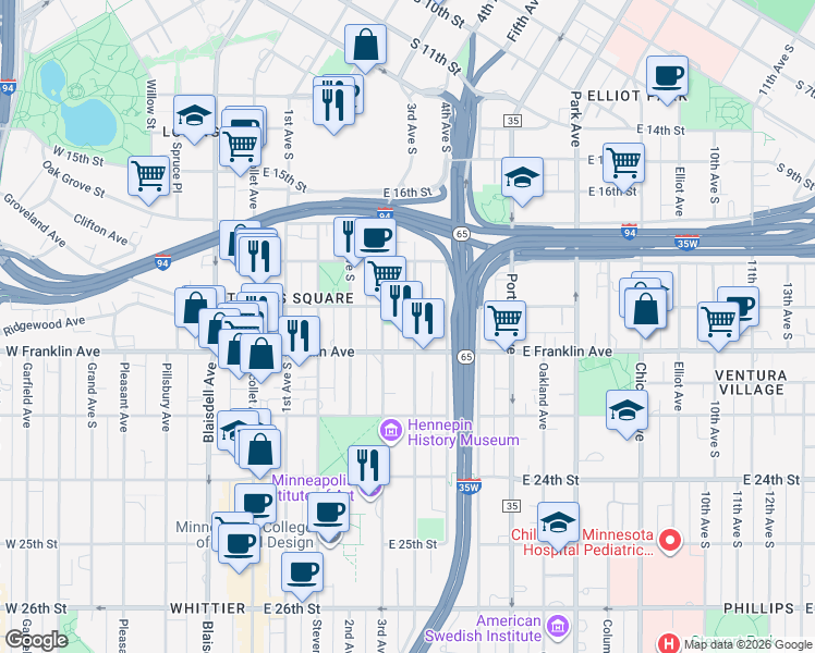 map of restaurants, bars, coffee shops, grocery stores, and more near 1828 Clinton Avenue in Minneapolis