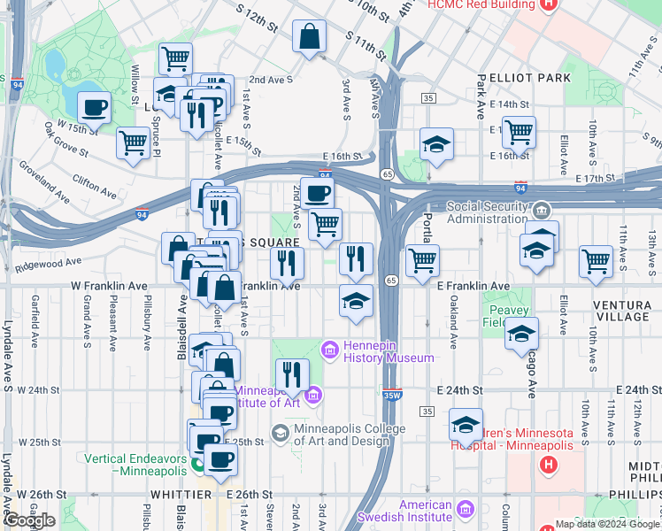 map of restaurants, bars, coffee shops, grocery stores, and more near in Minneapolis