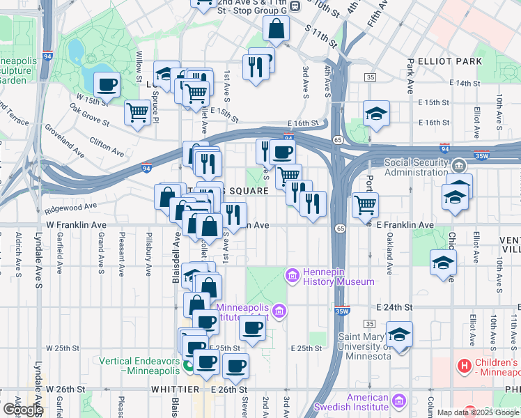 map of restaurants, bars, coffee shops, grocery stores, and more near 143 East 19th Street in Minneapolis