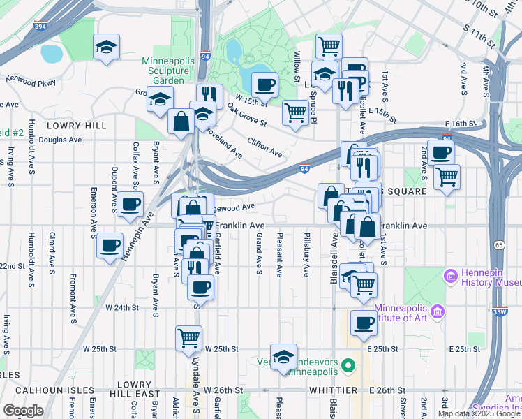map of restaurants, bars, coffee shops, grocery stores, and more near 400 Ridgewood Avenue in Minneapolis