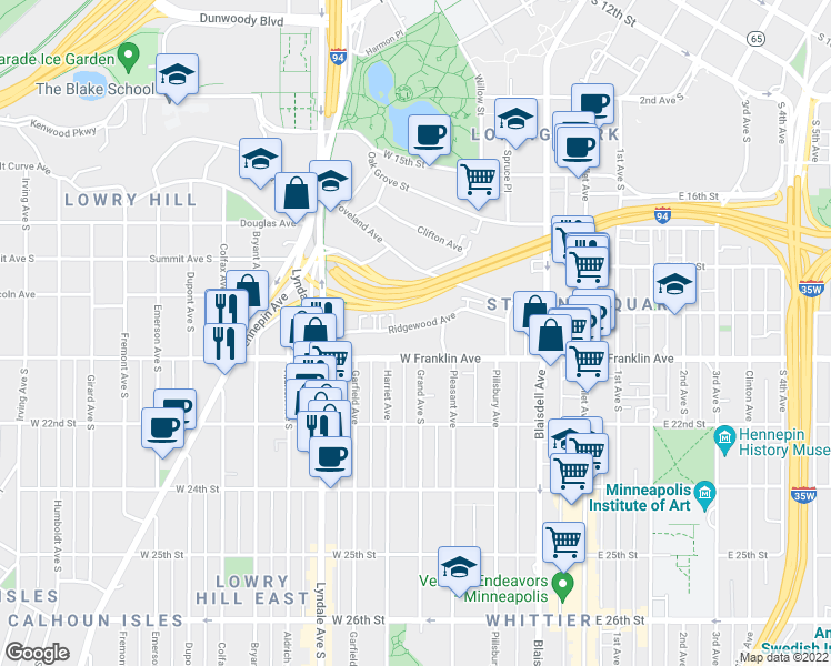 map of restaurants, bars, coffee shops, grocery stores, and more near 432 Ridgewood Avenue in Minneapolis